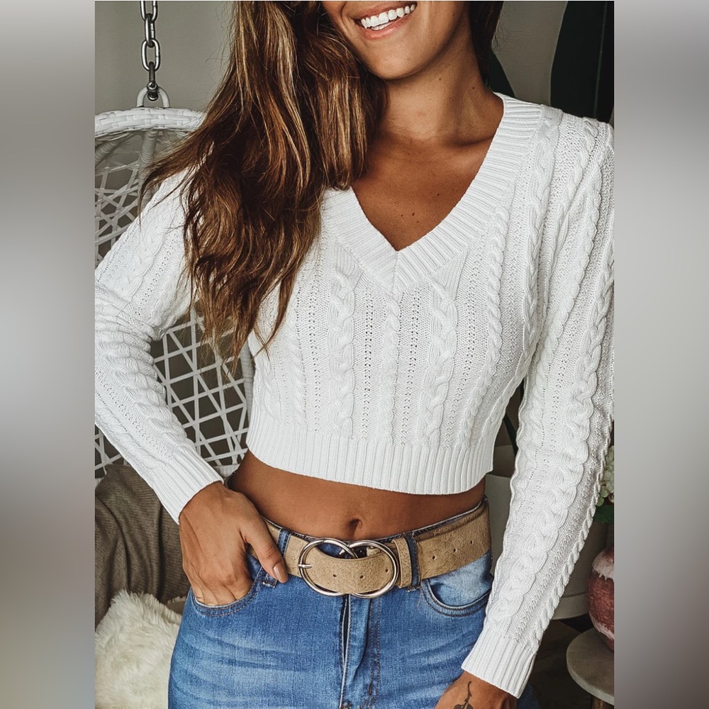 Fashion Nova White V-Neck Cable Knit Sweater
